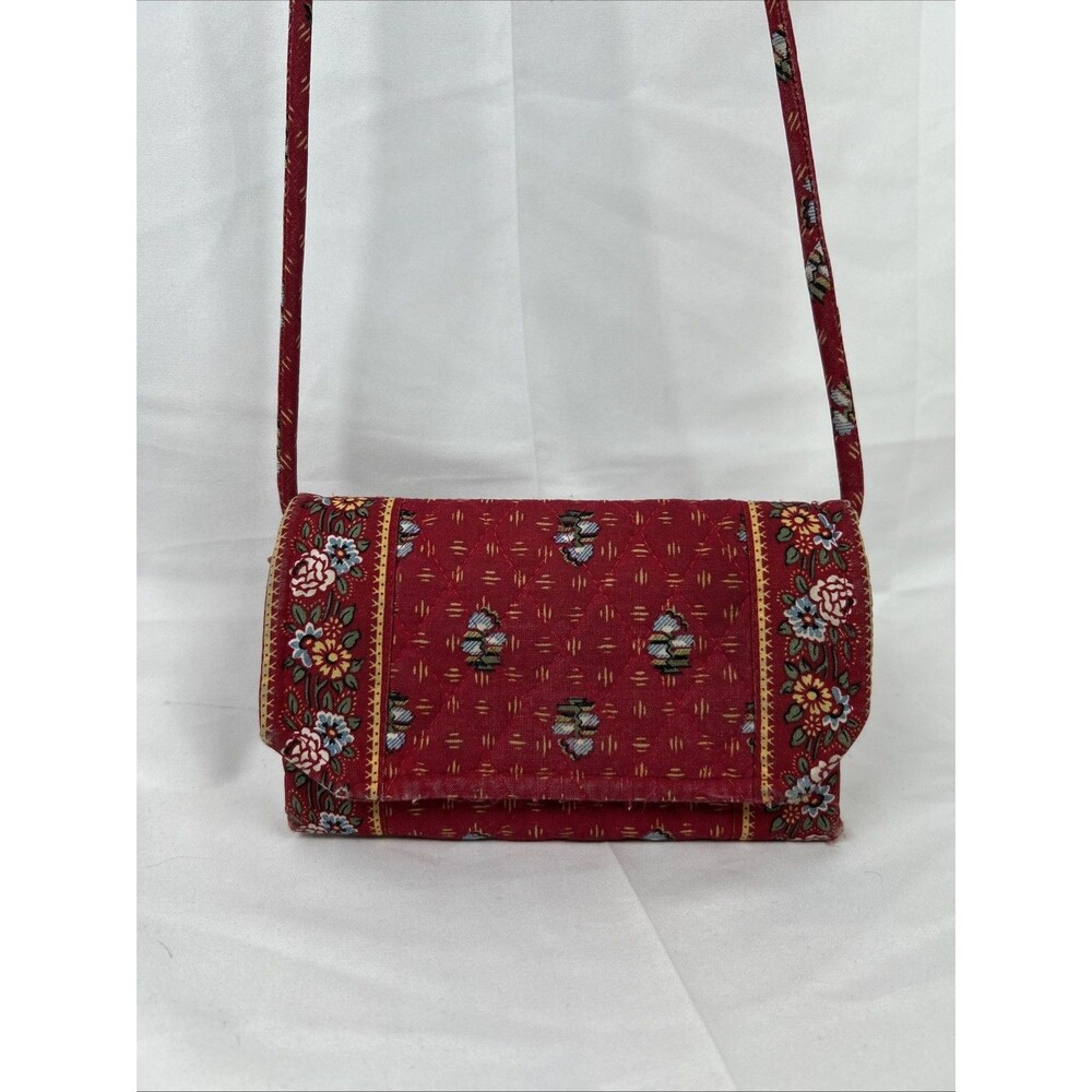 Vtg Vera Bradley Red Floral Paisley Trifold Wallet Strap Multi Pockets Quilted